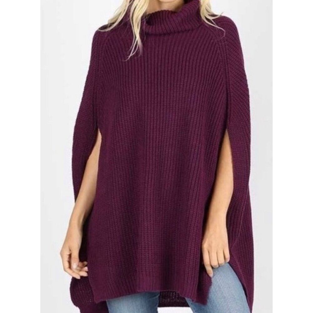 Zenana Outfitter Women Turtleneck Chunky Poncho Sweater Size S